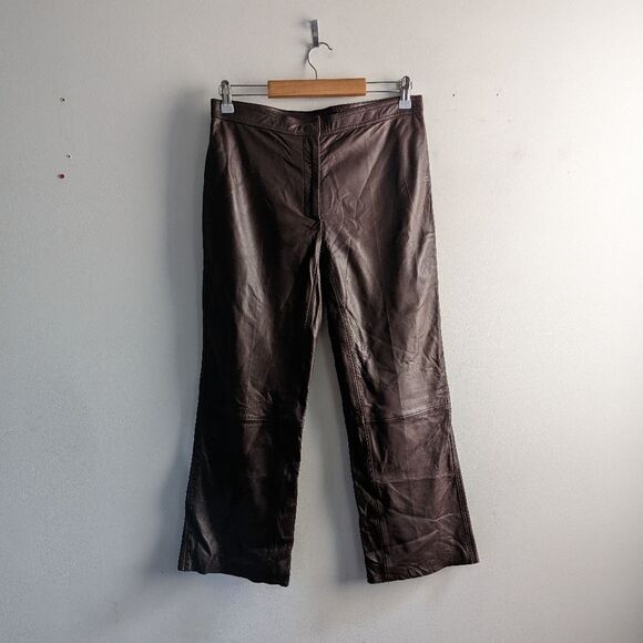 Sandro dark chocolate brown leather kick flare cropped trousers pants size 40 - Picture 2 of 7